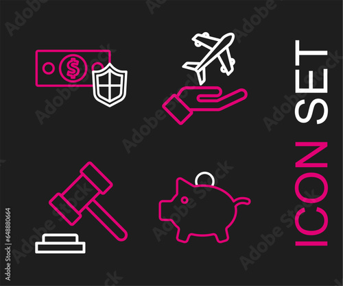 Set line Piggy bank, Judge gavel, Plane in hand and Money with shield icon. Vector