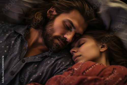 Couple portrait two lovers sleeping together in bed sensual love Generative AI