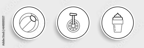 Set line Ice cream, Beach ball and Unicycle or one wheel bicycle icon. Vector