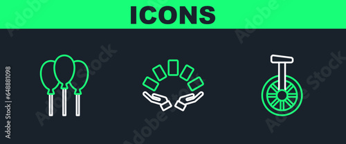 Set line Unicycle or one wheel bicycle, Balloons with ribbon and Hand holding playing cards icon. Vector