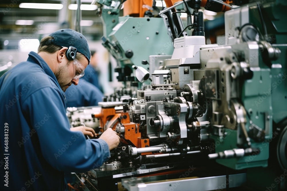 Skilled individuals operating various machines in a manufacturing or industrial Skilled individuals operating various machines in a manufacturing or industrial