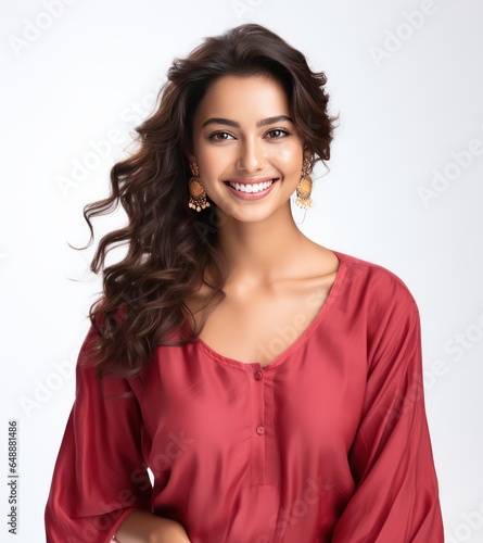 Indian Influencer Radiating Confidence in Fusion Outfit on White Background © Usablestores