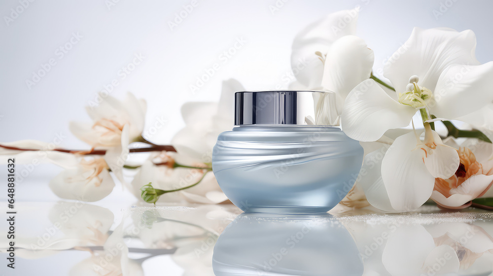 Cosmetic jar round with facial moisturizing cream with natural floral fragrance. Fresh flowers, glass jar with lid and clean empty design. 