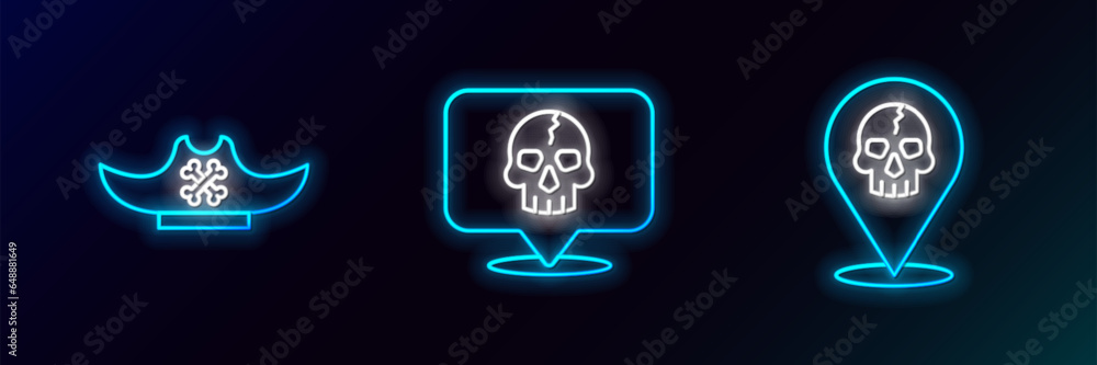 Set line Location pirate, Pirate hat and Skull icon. Glowing neon. Vector Set line Location pirate, Pirate hat and Skull icon. Glowing neon. Vector