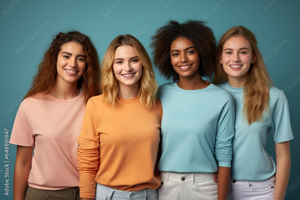 Diverse Group of Friends Happily Posing Together. Isolated on an Plain Colored Background. Fictional People. Diversity and Inclusion. Generative AI. Diverse Group of Friends Happily Posing Together. Isolated on an Plain Colored Background. Fictional People. Diversity and Inclusion. Generative AI.