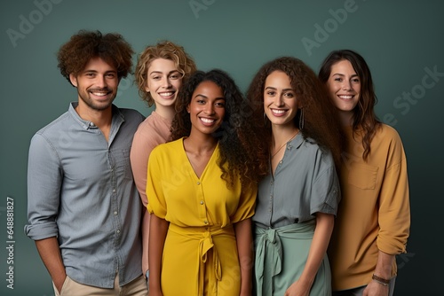 Diverse Group of Friends Happily Posing Together. Isolated on an Plain Colored Background. Fictional People. Diversity and Inclusion. Generative AI.