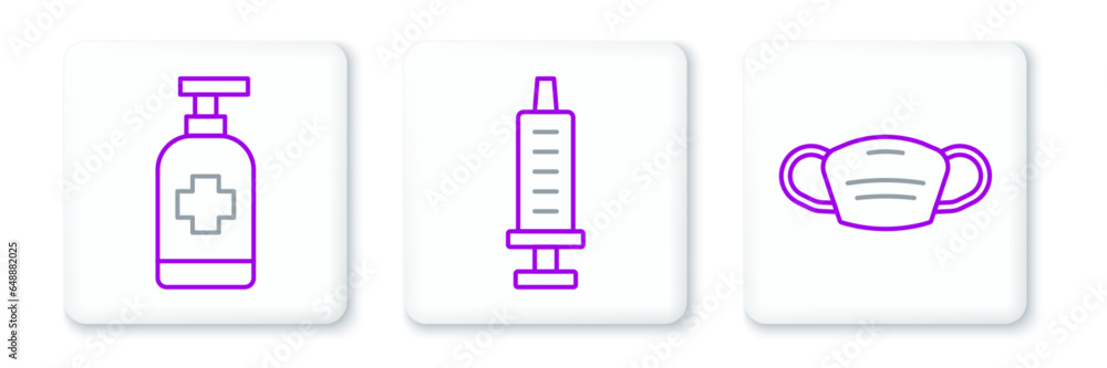Set line Medical protective mask, Antibacterial soap and Syringe icon. Vector Set line Medical protective mask, Antibacterial soap and Syringe icon. Vector