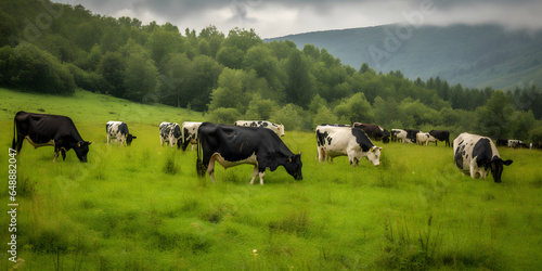 herd of black and white cows grazing peacefully in a lush two generative AI