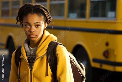 Generative AI Portrait of african american teenage girl student after getting off of bus sunny september day