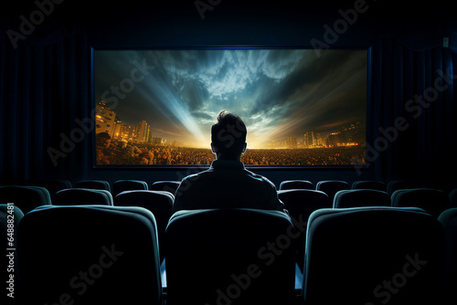 Generative AI technology illustration young student person watching cinema premiere movie have fun photo