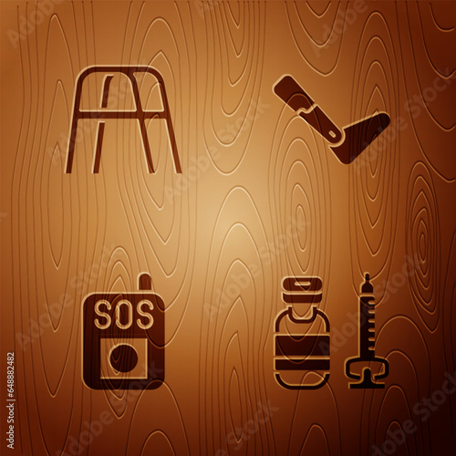 Set Syringe, Walker, Press the SOS button and Prosthesis leg on wooden background. Vector