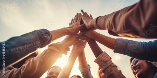 Group of people hand raise together with sky background in the city. Uprisen angle outdoor.