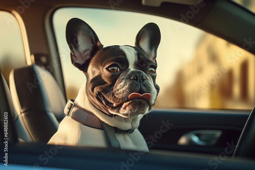 Photo nice of funny dog traveling looking out of the car window generative AI modern technology