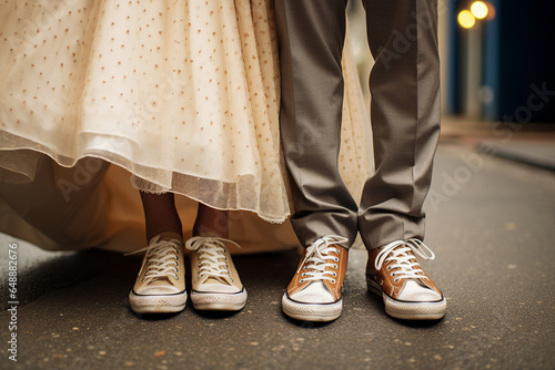 Close up generative AI photo of married people wife and husband in comfort shoes on wedding ceremony in the park