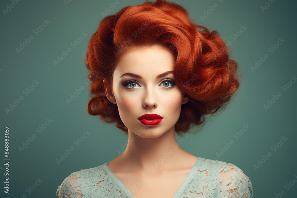 Generative Ai portrait of young pretty glamorous pinup style woman red hair fashionable look Generative Ai portrait of young pretty glamorous pinup style woman red hair fashionable look
