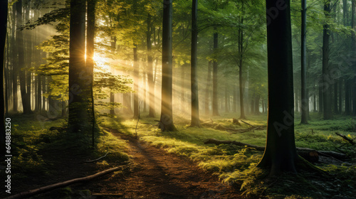 Enchanting Forest Morning Light: Serene Nature Landscape, Sunlight Filtering Through Trees, Peaceful Woodland Scenery, Tranquil Sunrise Beauty