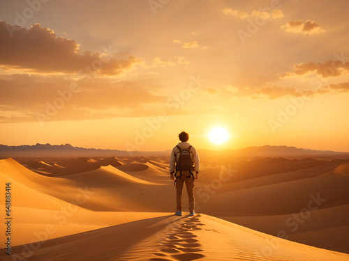 a wanderlust-inducing image of a solo traveler standing on the edge of a vast desert, as the sun sets over the horizon, casting warm, golden hues.