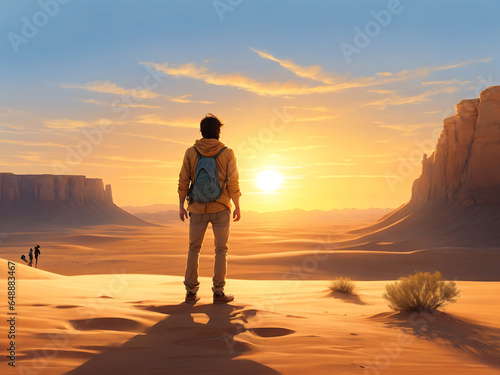 a wanderlust-inducing image of a solo traveler standing on the edge of a vast desert  as the sun sets over the horizon  casting warm  golden hues.
