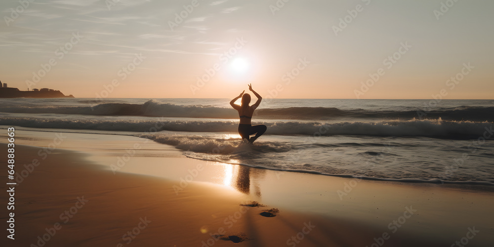 Health person doing yoga on a peaceful beach with waves l two generative AI