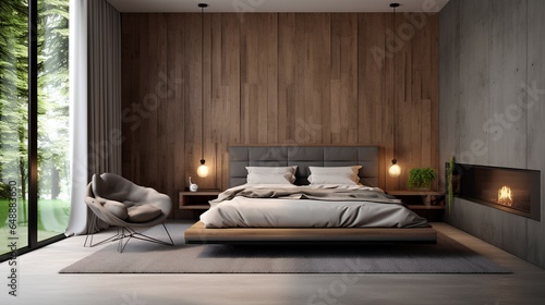 wooden modern bedroom Interior 3d rendering ai generated © Ilham