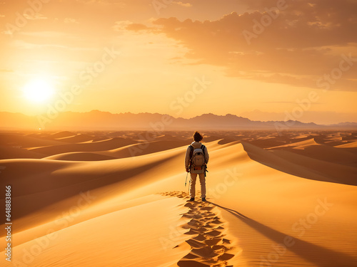 a wanderlust-inducing image of a solo traveler standing on the edge of a vast desert  as the sun sets over the horizon  casting warm  golden hues.