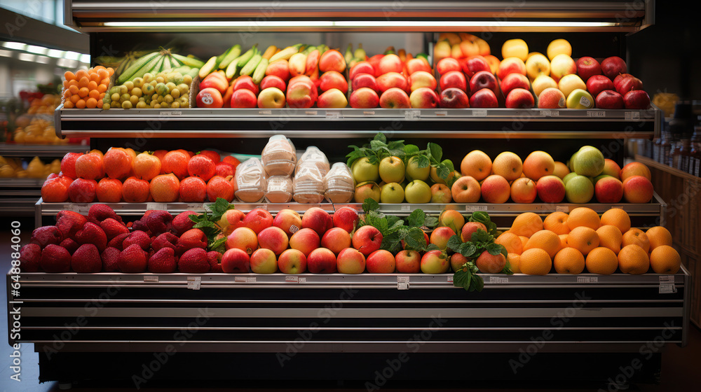 Colorful Market Shelf Laden with Fresh Fruits and Vegetables, a Bountiful Display of Nature's Harvest for Sale