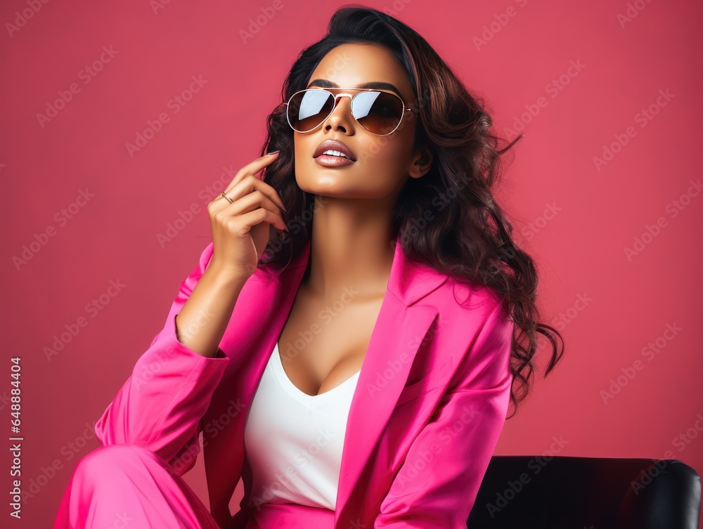 Stylish Indian Beauty Influencer in Neon Pink, Exudes Fun and Confidence in Lifestyle Ad on pink background Stylish Indian Beauty Influencer in Neon Pink, Exudes Fun and Confidence in Lifestyle Ad on pink background