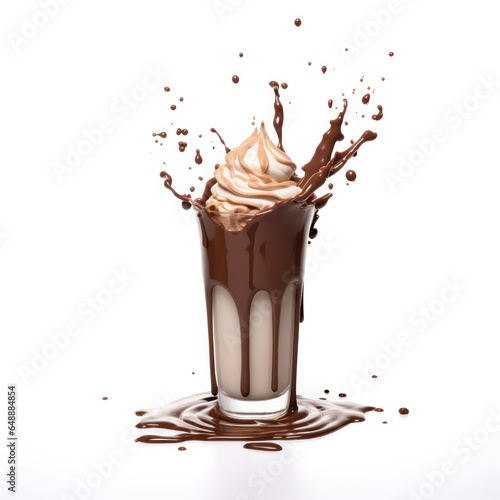 Delicious Chocolate Milkshake with Drizzles of Chocolate Syrup isolated on white background