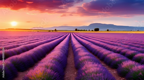 Breathtaking nature landscape. Panoramic lavender meadow fields. Wonderful scene, amazing summer landscape of blooming lavender flowers, peaceful sunset view. generative AI