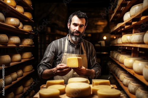 A man farmer checks the readiness of his homemade cheese. The cheese matures in the farmer's basement. Homemade cheese production. Natural product.