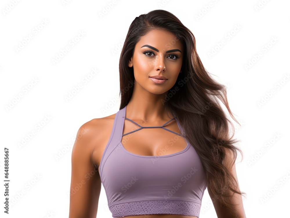 Confident Indian Beauty in Elegant Activewear for Fitness Brand Shoot on White Background Confident Indian Beauty in Elegant Activewear for Fitness Brand Shoot on White Background