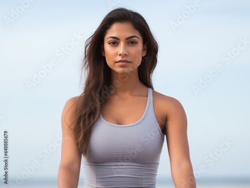 Confident Indian Beauty in Sporty Activewear Promoting Wellness by the Beach © Usablestores