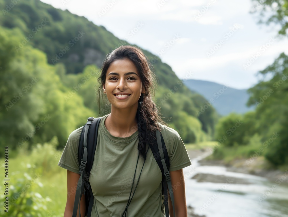 Indian Girl Promoting Outdoor Adventure and Wellness in Natural Setting
