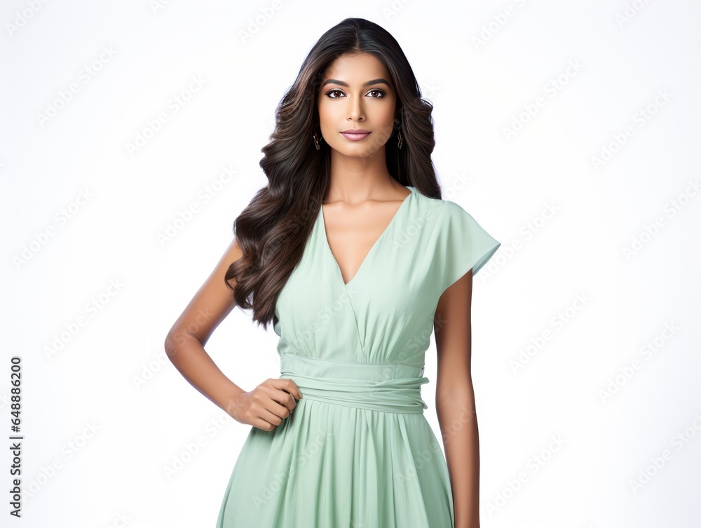 Indian Model Capturing Freshness in Mint Green Dress for Lifestyle and Wellness Ad, White Background Indian Model Capturing Freshness in Mint Green Dress for Lifestyle and Wellness Ad, White Background
