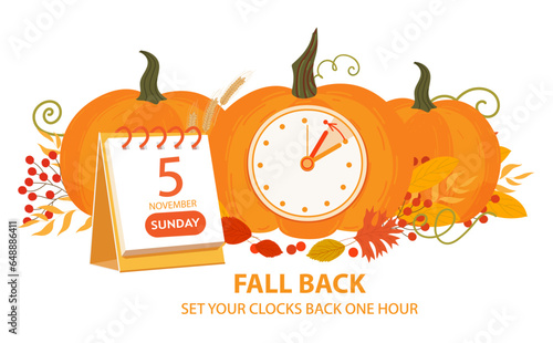 Fall Back, change clock back one hour. Daylight Saving Time Ends at sunday, 5 november 2023. Clock Backward web reminder banner with calendar date. Clock arrow turning back an hour vector illustration
