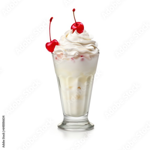 Creamy Vanilla Milkshake with Whipped Cream and Cherry, Isolated on White Background