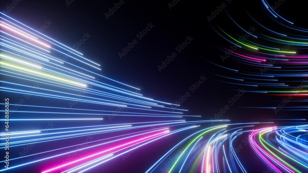 Abstract black background with pink and blue neon glowing lines that ...