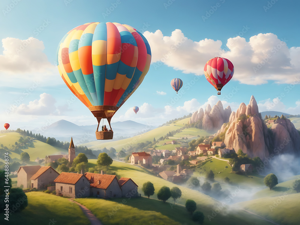Obraz premium a dreamy and surreal scene of a hot air balloon drifting peacefully over a picturesque countryside, with rolling hills and charming villages below.