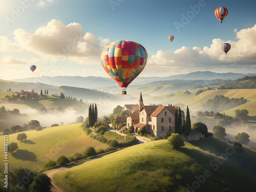 a dreamy and surreal scene of a hot air balloon drifting peacefully over a picturesque countryside, with rolling hills and charming villages below.