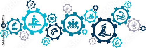Physiotherapy / chiropractic / orthopedics vector illustration. Blue concept with icons related to physical or massage therapy treatment, orthopedic rehabilitation, physio, pain relief, injury rehab.