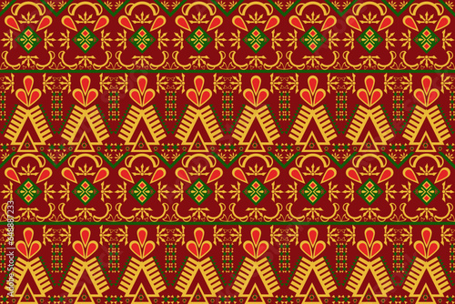 Abstract ethnic pattern, seamless floral, ikat work, geometric shapes, Indian tribal pattern, tulki red green yellow for textiles prints rugs cushions bed sheets.