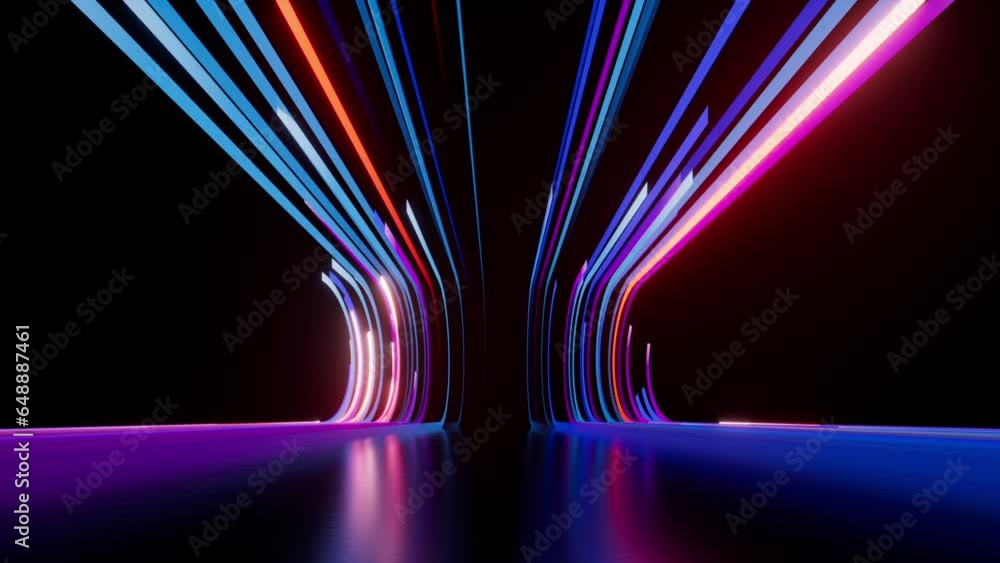 3d animation. Abstract background. Blue pink neon stripes and ribbons appear, slide on curvy trajectory from center to the sides and disappear. Modern wallpaper in slow motion