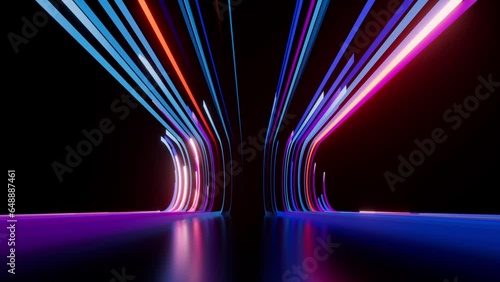 3d animation. Abstract background. Blue pink neon stripes and ribbons appear, slide on curvy trajectory from center to the sides and disappear. Modern wallpaper in slow motion