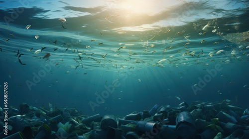 Environmental issue: Underwater pollution with plastic bottles and garbage