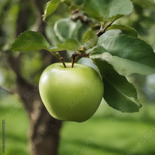 Manzana verde colgando de un árbol