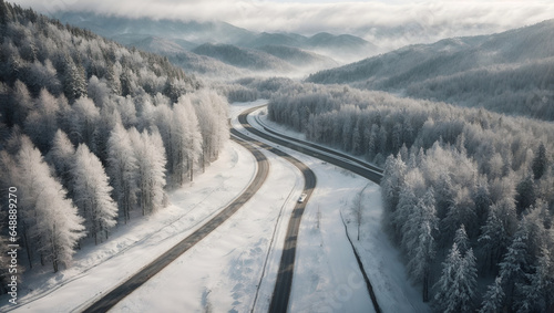 Windy and curvy road in snow covered forest landscape top down aerial view