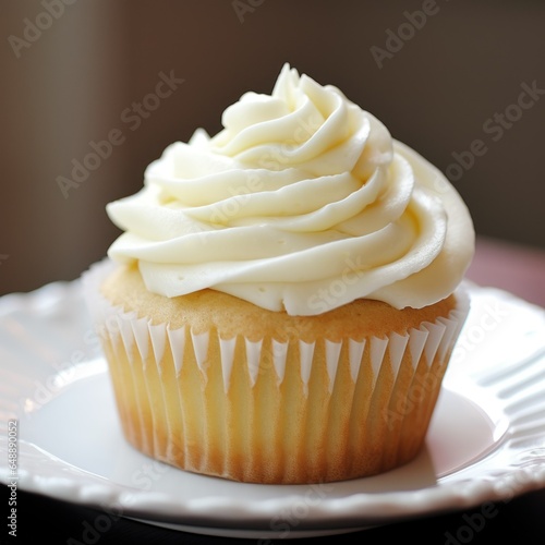 A vanilla cupcake with vanilla buttercream frosting photo