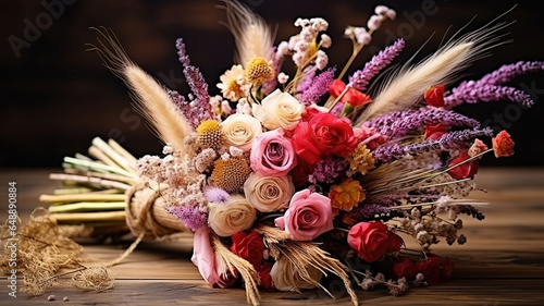 Wedding bouquet lying on a wooden table made of reeds, wildflowers, largus, cotton. Generative Ai photo