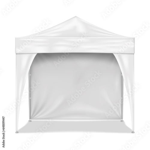 Blank white canopy tent with leg covers and back wall realistic vector mockup. Camping gazebo with metal frame mock-up. Outdoor summer event portable booth template