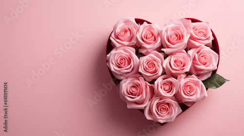 Pink roses in a heart shaped box on a pink background  top view  Bright color. Generative Ai